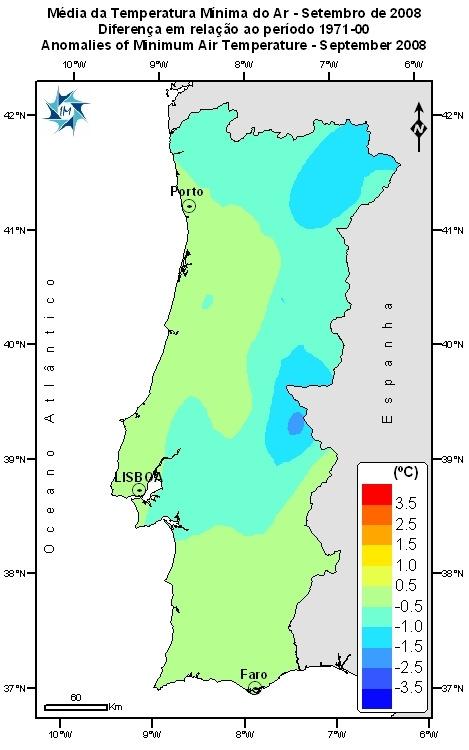 9 C em Penhas Douradas e 29.3 C em Alvega e Amareleja; os desvios em relação à normal variaram entre -1.9ºC em Faro e +0.6ºC em Anadia; os valores médios da temperatura mínima variaram entre 8.