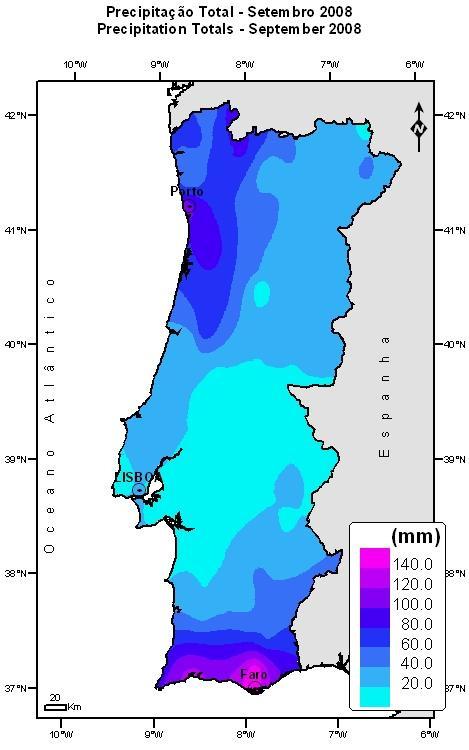 2. Precipitação Total A média regional da quantidade de precipitação em Portugal Continental foi inferior ao valor médio (1971-2000) para o mês, classificando-se Setembro como seco a normal em grande