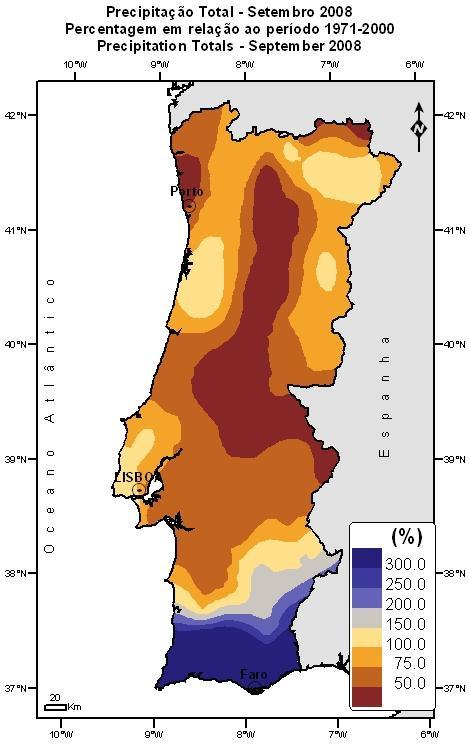 Em termos de percentagem, em relação ao período 1971-2000, a quantidade de precipitação foi inferior a 100% em grande parte do território, excepto nalgumas zonas da região Norte e Centro onde foi