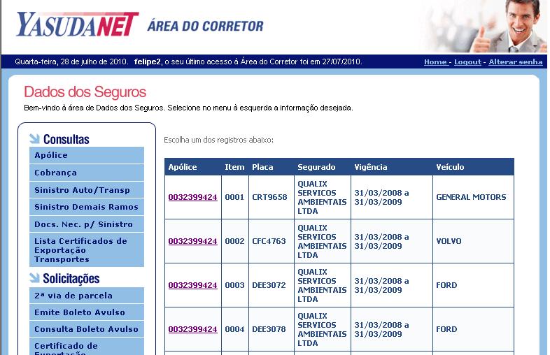 clique em avançar para abrir a lista de itens da apólice digitada para escolha.