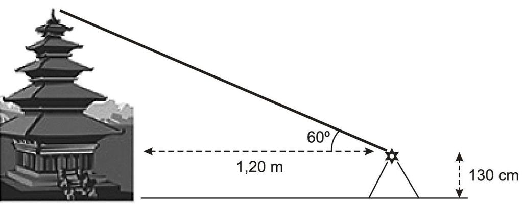 Sabendo-se que a altura do teodolito corresponde a 130 cm, a altura do monumento, em metros, é aproximadamente a) 6,86. b) 6,10. c) 5,24. d) 3,34. e) 2,16.