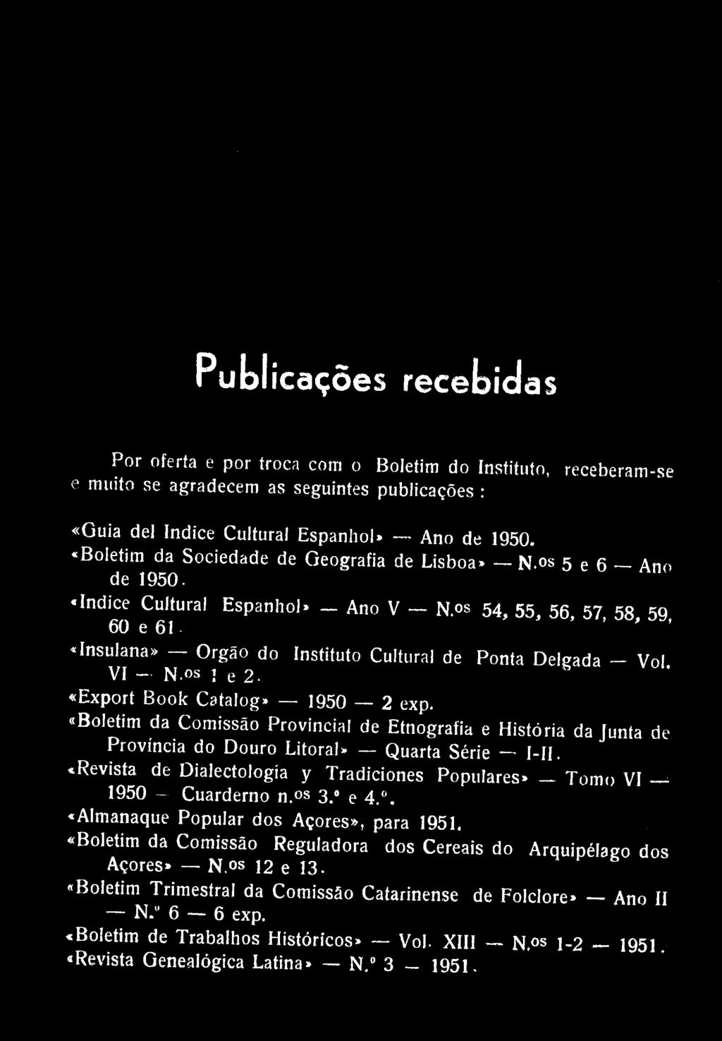 Publicações recebidas Por oferta e por troca com o Boletim do Instituto, receberam-se e muito se agradecem as seguintes publicações : «Guia dei índice Cultural Espanhol» Ano de 1950.
