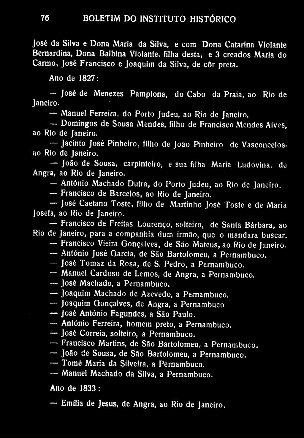 76 BOLETIM DO INSTITUTO HISTÓRICO José da Silva e Dona Maria da Silva, e com Dona Catarina Violante Bernardina, Dona Balbina Violante, filha desta, e 3 creados Maria do Carmo, José Francisco e