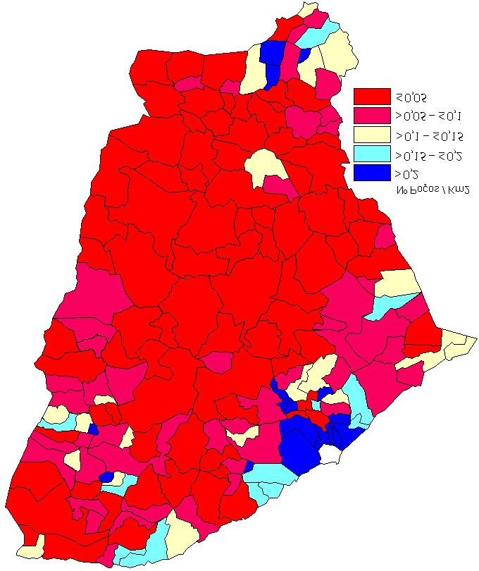 apresentaram os maiores valores foram: Eusébio (5,12 poços/km2), Maracanaú (1,22 poços/km2), Aratuba (1,02 poços/km2), Aquiraz (1,02 poços/km2), Horizonte (0,87 poços/km2), Juazeiro do Norte (0,76