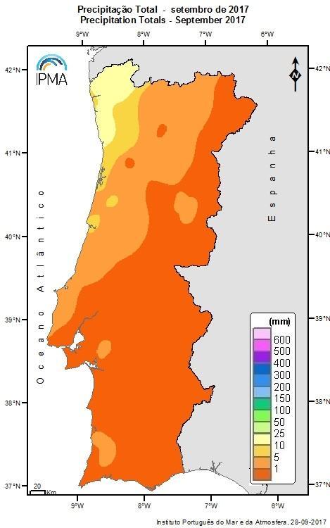 1.2 Caracterização Climatológica O mês de setembro de 2017 em Portugal Continental foi extremamente seco, o mais seco dos últimos 87 anos, em que o total de precipitação foi 5% do valor médio no