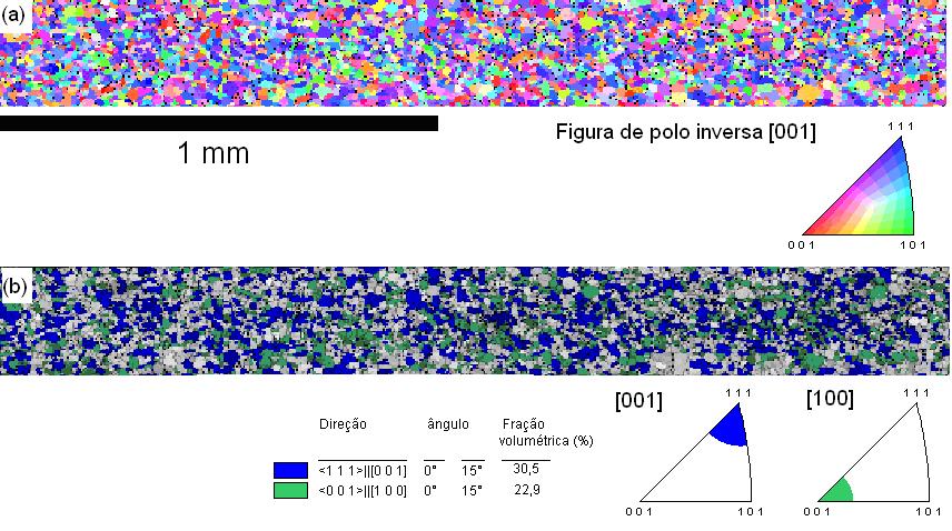 6.1.3 Textura primária A figura 6.8 caracteriza a matriz primária da amostra com 0,4% de estiramento utilizando mapas de figura de polo inversa.