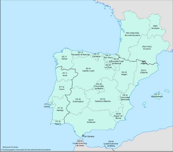 Âmbito geográfico O território elegível do Programa Interreg Sudoe está constituído pelas seguintes regiões e cidades autónomas dos quatro Estados membros (Espanha, França, Portugal, Reino Unido