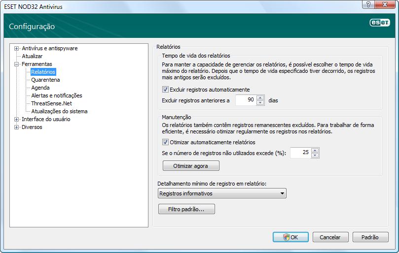 4.5.1 Manutenção de relatórios A configuração dos Relatórios do ESET NOD32 Antivírus pode ser acessada na janela principal do programa. Clique na árvore Configuração > Entrar na configuração avançada.
