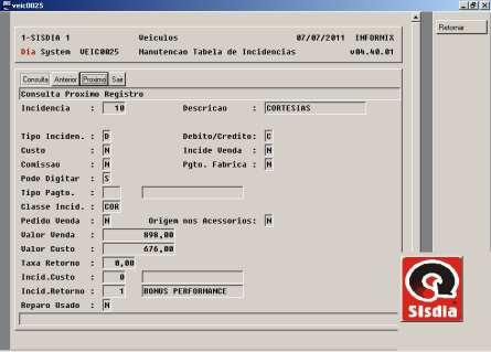 VEIC0025 - Plano de Códigos Incidência na Venda de Veículos Este programa permite a manutenção no Plano de Códigos Incidência na Venda de Veículos. - tabela ( cxincide ).
