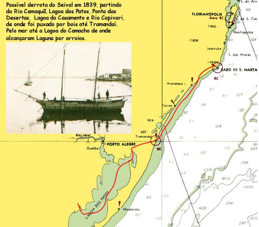 Desse modo, navegando na Lagoa dos Patos a partir da foz do Rio Camaquã, a flotilha ruma para norte, entrando na enseada conhecida como Lagoa do Casamento.