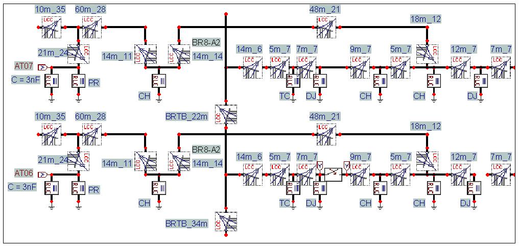 Estudo de Casos A Figura 6.5. apresenta a região indicada com linhas tracejadas na Figura 6.5.1 modelado no programa ATPDraw, no qual é possível observar o detalhamento na representação de cada trecho com os respectivos modelos dos equipamentos presentes.