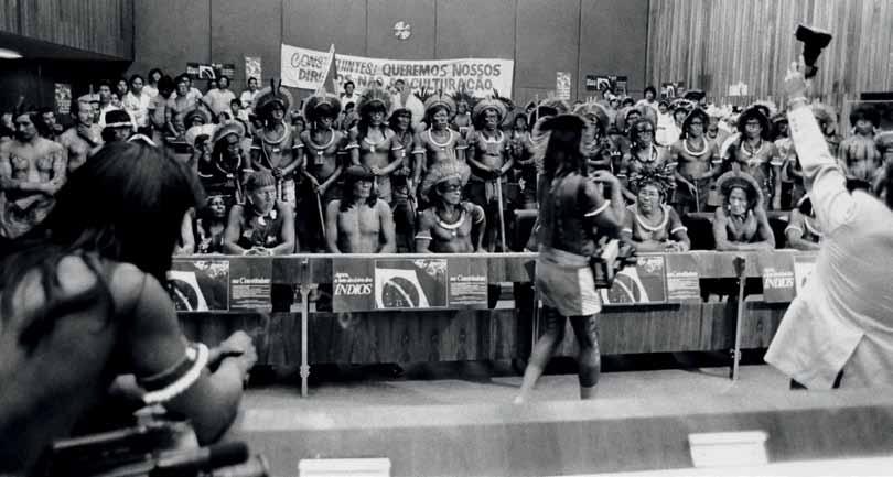 September 1987 Ailton Krenak protests during a plenary session of the Congress in Brasília against the removal of the chapter on Indigenous rights.