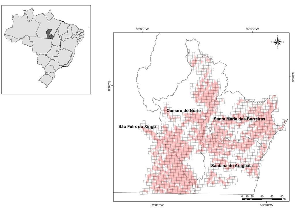 Figura 1 Área de estudo no sudeste do Pará. Áreas em vermelho representam a área queimada acumulada em 2010. 3.