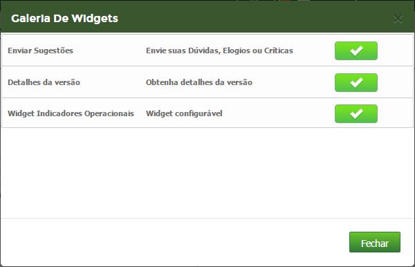 Incluir Widget. Surge a tela abaixo: Clique no botão para adicionar o Widget desejado.