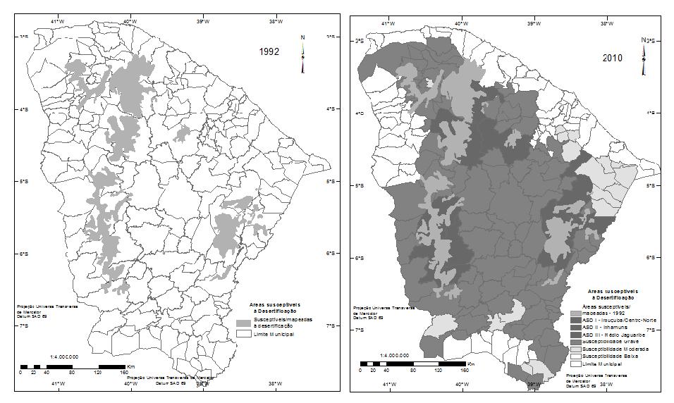 Observou-se que os municípios que apresentaram susceptibilidade moderada são aqueles situados no pé de serra do Maciço Residual de Baturité, Baixo Jaguaribe, os municípios de Campos Sales, Farias