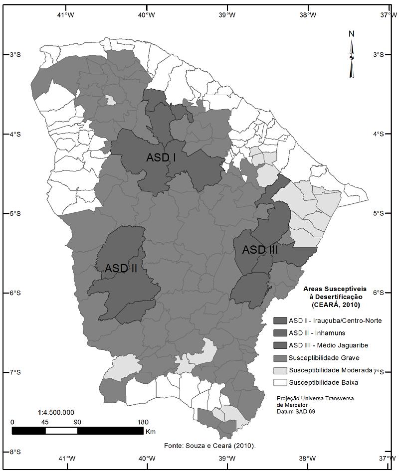 Figura 3. Mapa dos Municípios Susceptíveis à Desertificação do Estado do Ceará - 2010. Fonte: Adaptado de Souza e Ceará (2010).
