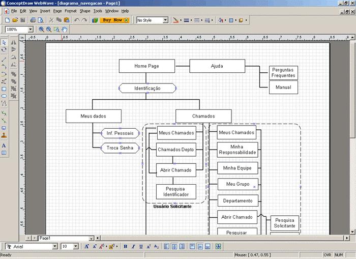 51 Figura 15 Diagrama de navegação no ambiente ConceptDraw 3.3.1.3 Axure RP Pro A ferramenta foi de grande auxílio durante a fase de análise do projeto para a construção dos wireframes, conforme a figura 16, para a WebApp.