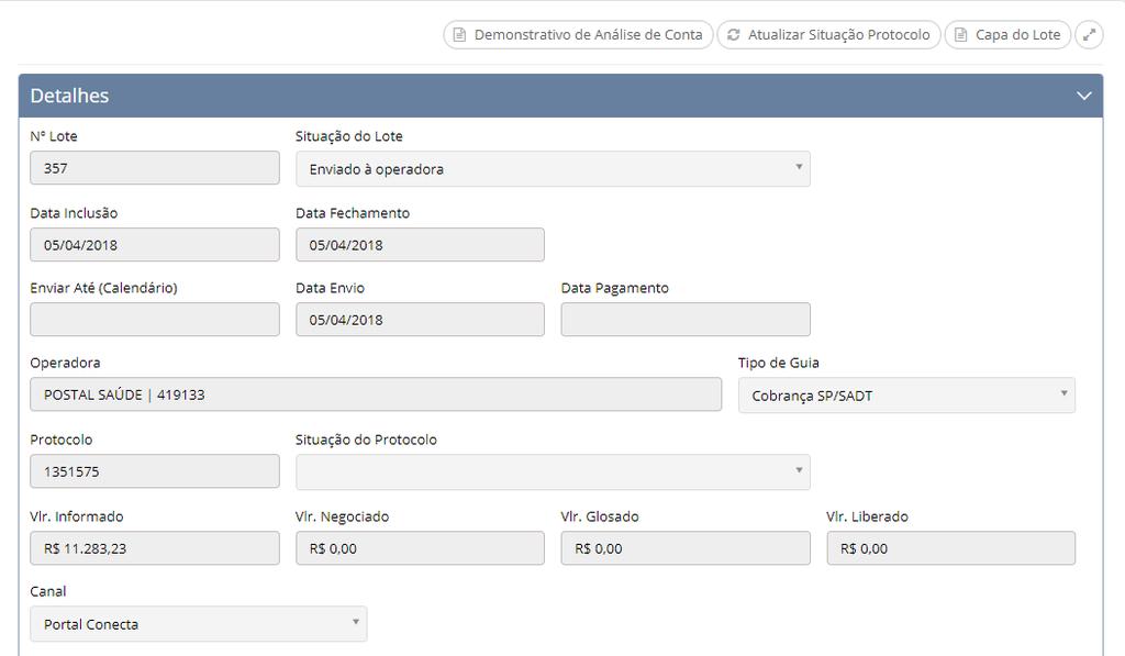 Figura 74 Menu Upload XML Com o Lote enviado será disponibilizado o Menu abaixo onde será permitido: Gerar demonstrativo de análise, atualização situação do protocolo e gerar capa de lote.