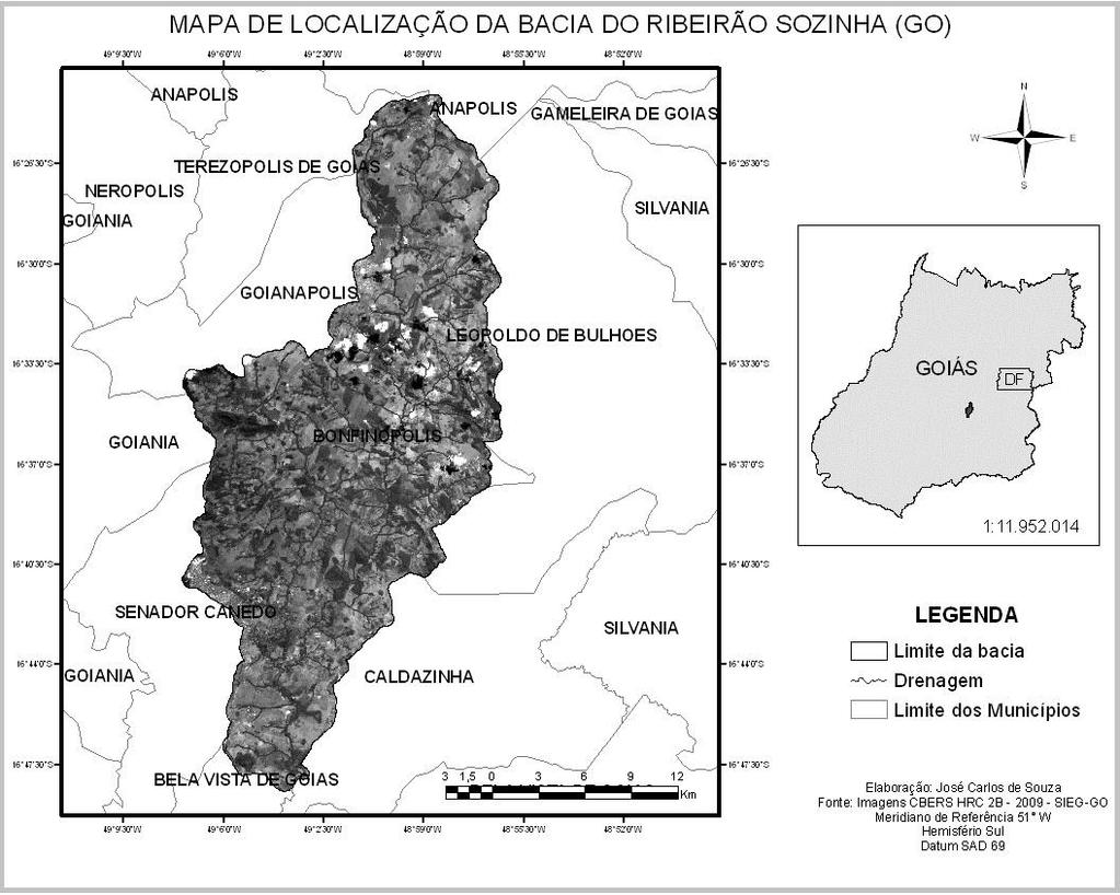 125 FIGURA 1 Localização da bacia hidrográfica do Ribeirão Sozinha (GO), delimitada sobre imagem CBERS HRC 2B.