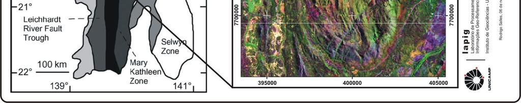 Limite das unidades estruturais da Província Mount Isa (Betts 2006). A imagem de satélite destaca a estrutura sinclinal de Mary Kathleen. 4.