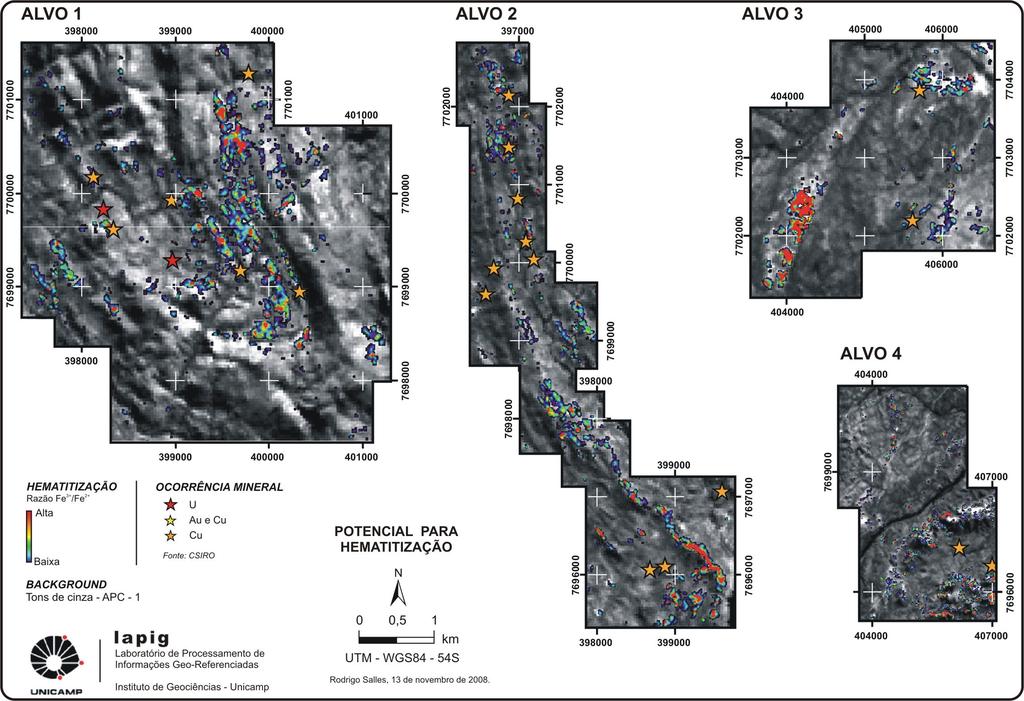 Figura 4. Correlação com as principais ocorrências minerais. A alta abundância de hematita é mostrada em pseudocor após ajuste do histograma.