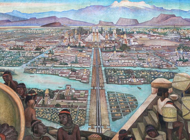 Observe a imagem. Tenochtitlán - Mural de Diego Rivera. a) A respeito dos Astecas, comente as características urbanas de Tenochtitlán.
