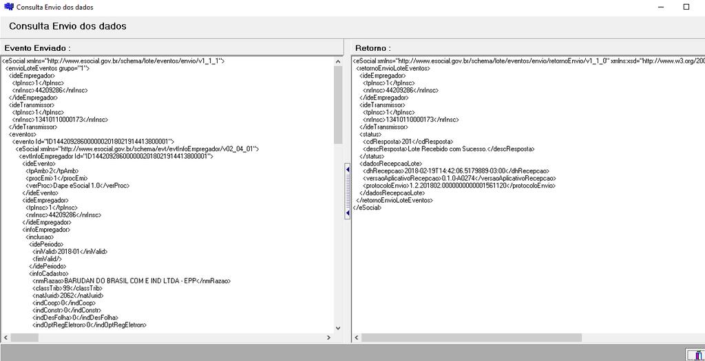 A tela irá apresentar a consulta ao XML enviado do lado esquerdo, e do lado direito o retorno do esocial com a lista dos erros, onde você poderá verificar o ocorrido e providenciar as correções para