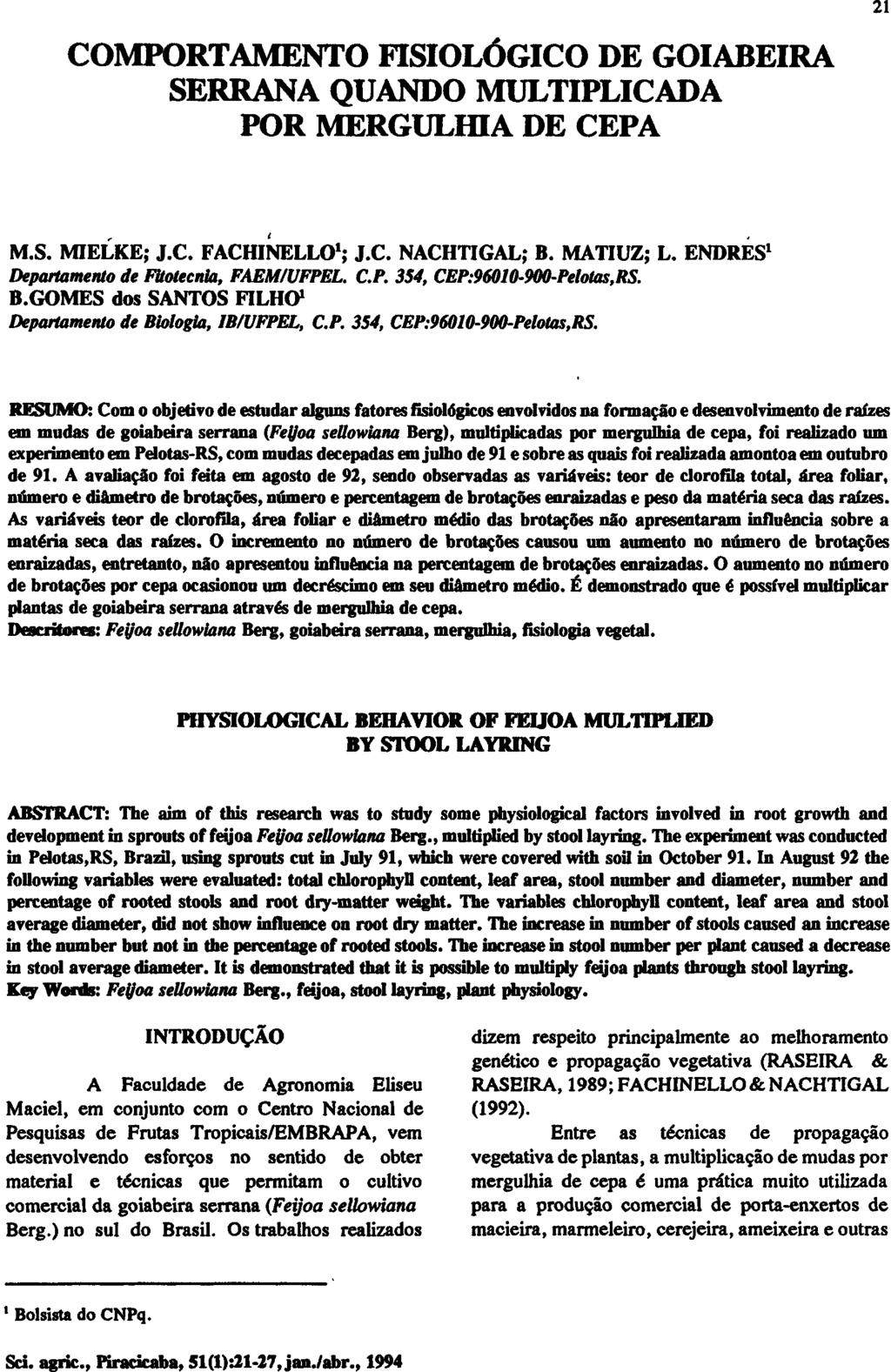 COMPORTAMENTO FISIOLÓGICO DE GOIABEIRA SERRANA QUANDO MULTIPLICADA POR MERGULHIA DE CEPA MS. MIELKE; J.C. FACHINELLO 1 ; J.C. NACHTIGAL; B. MATIUZ; L. ENDRES 1 Departamento de Fitotecnia, FAEM/UFPEL.