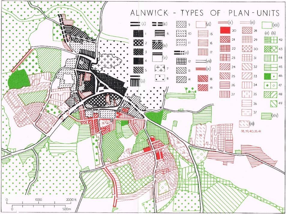 Figura 2.2. Alnwick, Northumberland tipos de unidades de plano (fonte: Conzen, 1960).