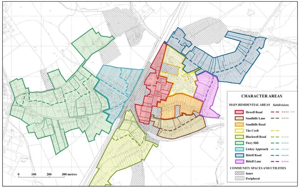 Figura 2.8. Regiões morfológicas de Barnt Green (fonte: Whitehand, 2009b). edificadas descontinuas constituídas maioritariamente por habitação unifamiliar e, ainda, áreas de edifícios isolados.