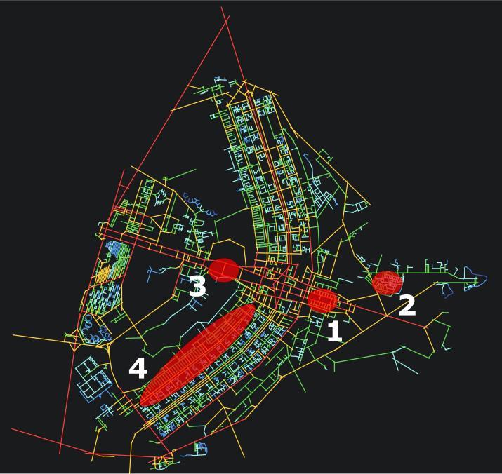 Figura 4.6. Estudos de caso indicados no mapa axial do Plano Piloto e seu entorno imediato: (1) Esplanada dos Ministérios; (2) Vila Planalto; (3) Torre de TV; (4) Avenida W-3.
