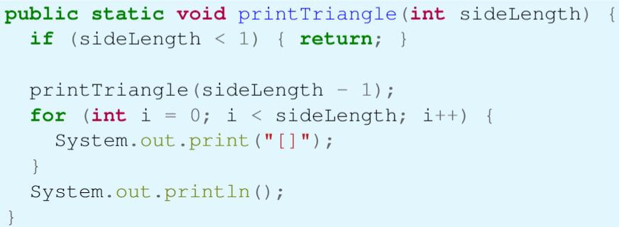 Exemplo de funcionamento Triângulo recursivo Execução seria como segue A chamada printtriangle(3) chama printtriangle(2) A chamada printtriangle(2) chama printtriangle(1) A chamada printtriangle(1)