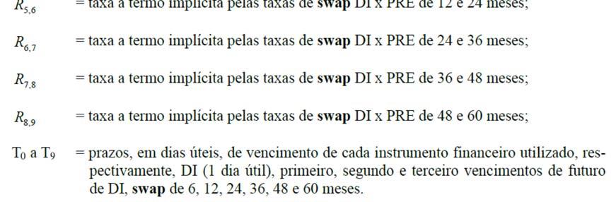 13.5.2. São obtidos diariamente, através de consultas aos provedores anteriormente citados, os seguintes dados: a. Taxas médias de swap da BM&F para os seguintes títulos: I. DI x TR 252; II.