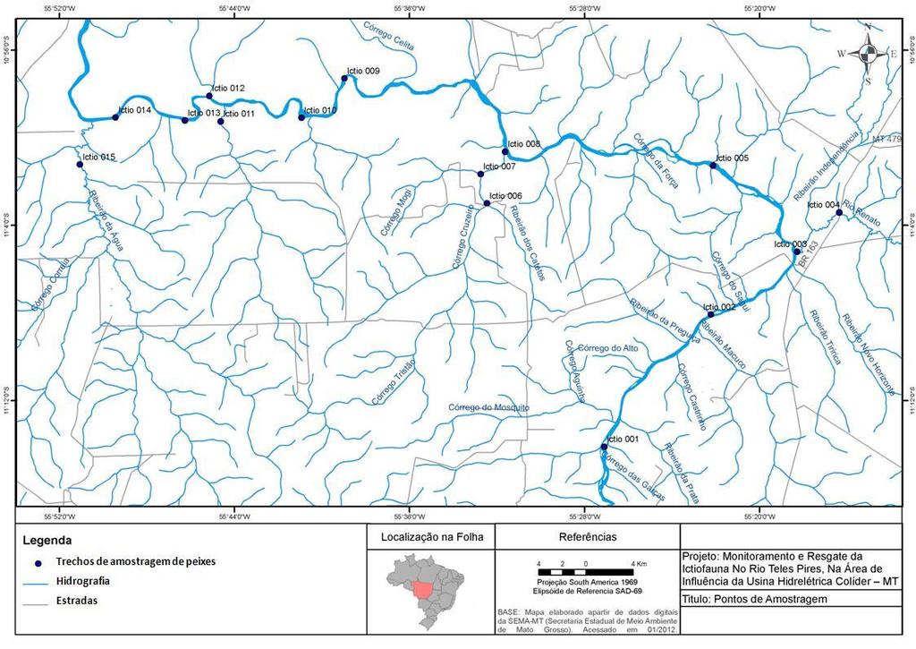 Tabela 1 Localização dos trechos de coleta de peixes na área de abrangência da UHE Colíder, municípios de Itaúba, Colíder e Nova Canaã do Norte MT.