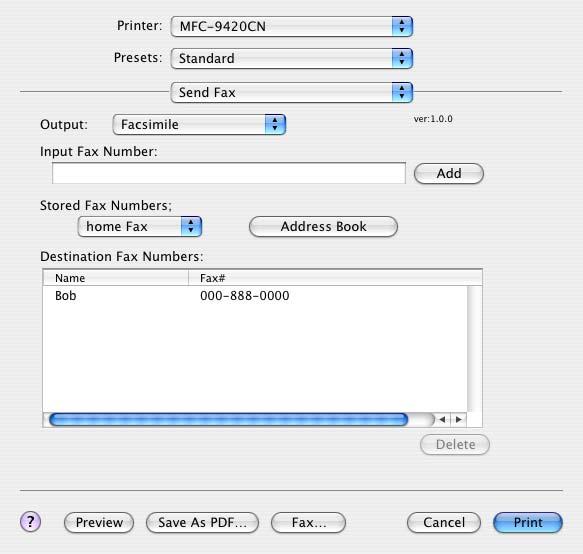 2 Arraste um vcard da aplicação Mac OS X Address Book (Livro de endereços) para o campo Destination Fax Numbers (Números Fax de Destino).