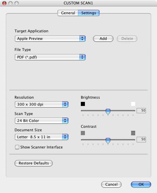 ControlCenter2 (Para utilizadores de Mac OS X 10.2.4 ou superior) Digitalizar para imagem: No General (Geral) separador Pode introduzir um nome com um máximo de 30 caracteres no campo Name for Custom (Nome para Personalizada).