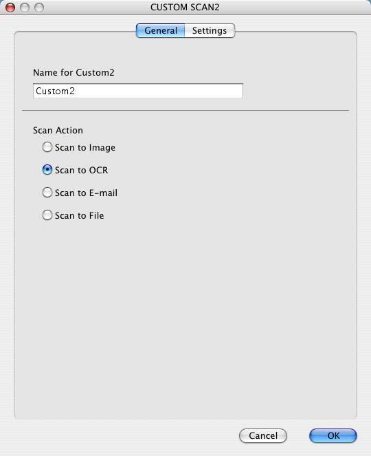 ControlCenter2 (Para utilizadores de Mac OS X 10.2.4 ou superior) Digitalizar para OCR: No separador General (Geral) Pode introduzir um nome com um máximo de 30 caracteres no campo Name for Custom (Nome para Personalizada).