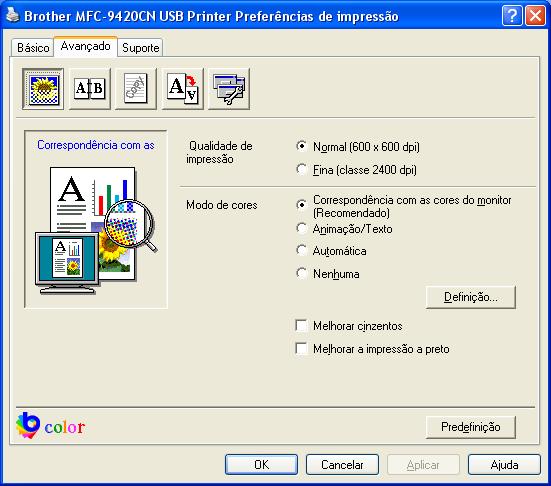Impressão Separador Avançado 1 2 3 4 5 1 Altere as configurações do separador seleccionando um dos seguintes ícones: 1 Qualidade de impressão 2