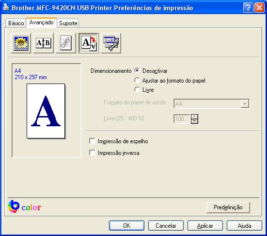 Impressão Definição da Página Dimensionamento Pode alterar o tamanho da impressão no documento através da função Dimensionamento.