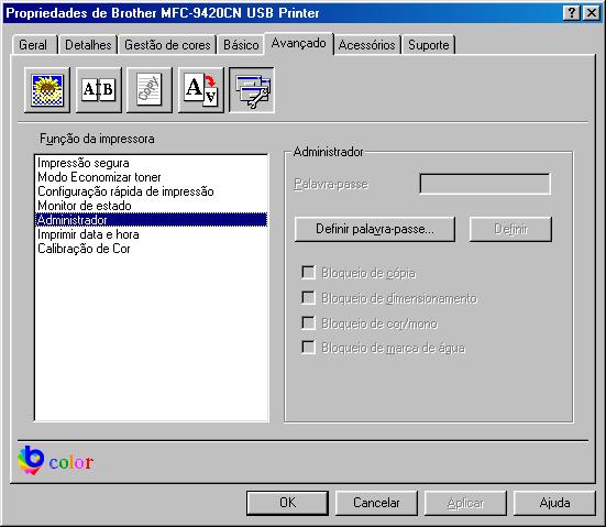 Impressão Administrador (Apenas para utilizadores de Windows 98/98SE/Me) A selecção do Administrador permite-lhe bloquear as funções Cópia, Dimensionamento, Cor/Mono e Marca de água e usar uma