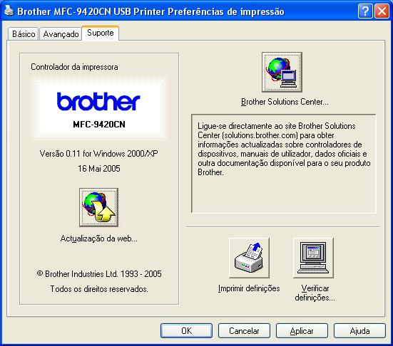 Impressão Separador Suporte O separador Suporte apresenta a versão do controlador e as informações da configuração.