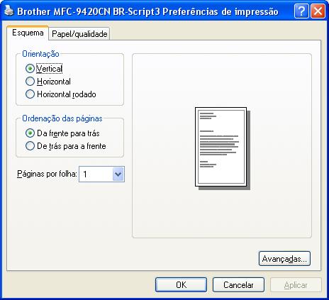 Impressão Separador Esquema Se estiver a utilizar Windows NT 4.0, Windows 2000 ou XP, pode aceder ao separador Esquema clicando em Preferências de impressão.