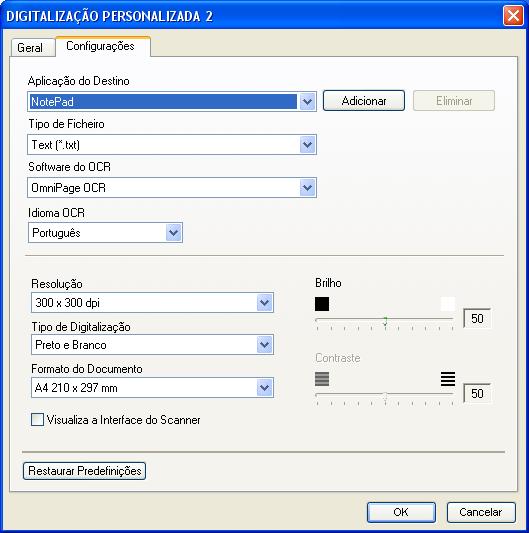 ControlCenter2 No separador Configurações Pode seleccionar as configurações Aplicação do Destino, Tipo de Ficheiro, ldoma OCR, Resolução, Tipo de