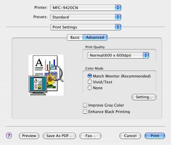 Imprimir e Enviar Faxes Avançado Quality (Qualidade de impressão) Pode seleccionar as seguintes definições de qualidade de impressão. 7 Normal 600 x 600 ppp. Modo recomendado para impressões normais.