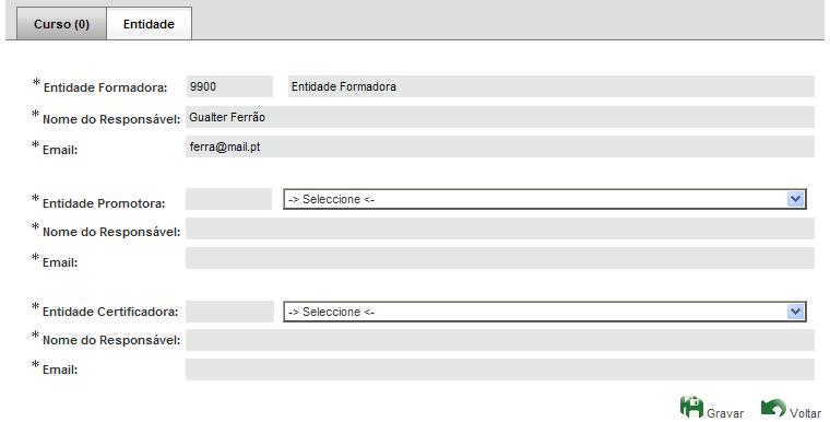 Identificação das entidades associadas à acção EFA Ao seleccionar a entidade do menu correspondente, o sistema preenche automaticamente a informação restante, i.e., Nome do Responsável e E-mail, caso estes campos estejam preenchidos na origem.