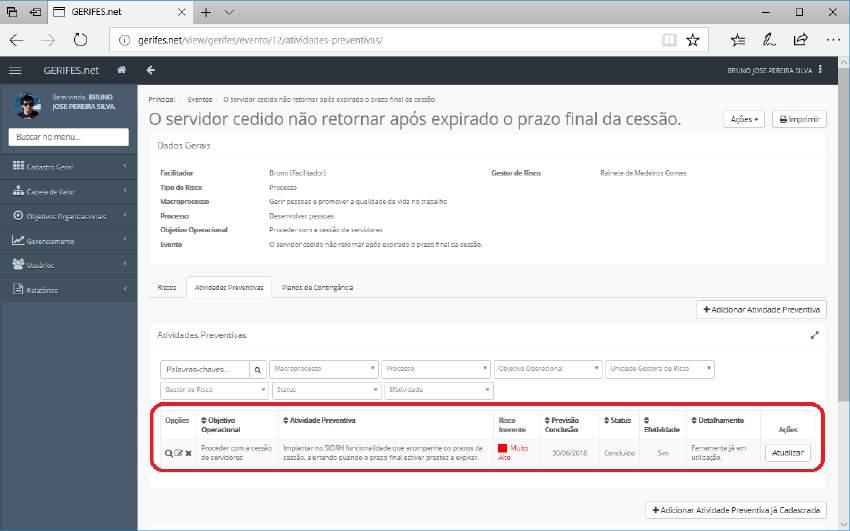 46 Clicar nas abas Atividades Preventivas e Planos de Contingência e analisar as