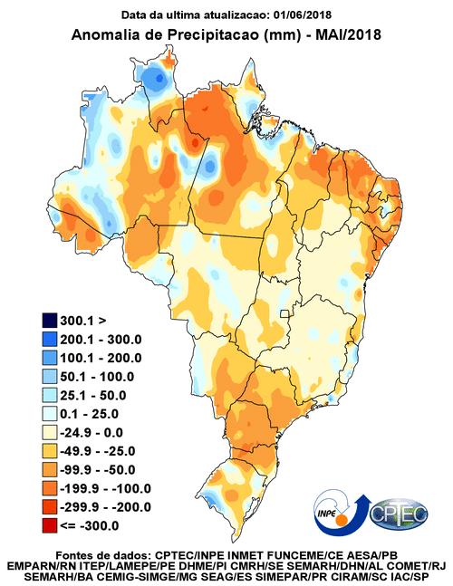 Boletim do Vale do Paraíba e Litoral Norte de São Paulo Maio de 2018 O mapa de anomalias de precipitação (observada - climatologia) evidencia que o mês de maio foi caracterizado por precipitações