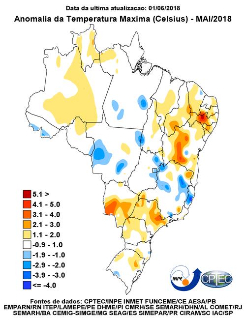 Figura 3: Anomalia de temperatura mínima (esquerda) e máxima (direita) registrada no mês de maio de 2018.