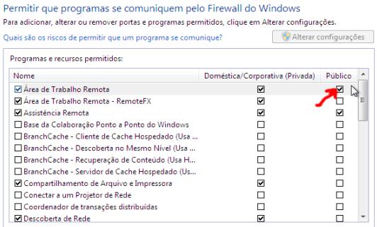9. Configurar o firewall do Windows 7. 9.1. Habilitar as seguintes regras de permissão de acesso, figura 1: Acesso remoto (Remote desktop) de qualquer host (rede pública) Figura1.