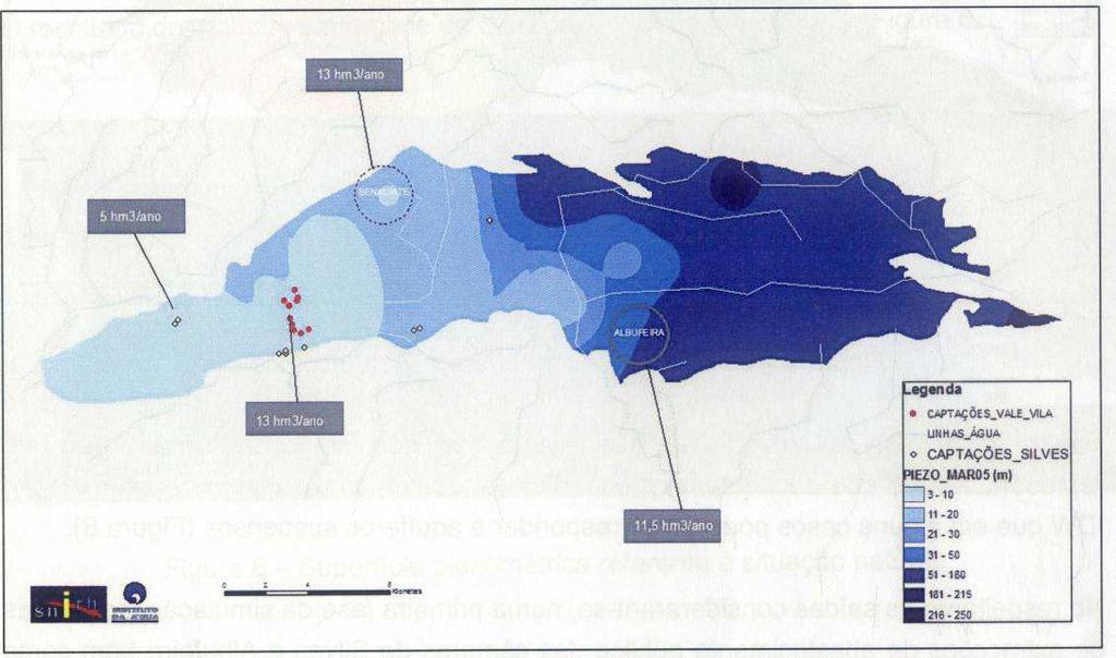 Fig. 37 Localização das principais zonas de exploração de água para abastecimento doméstico e piezometria considerando apenas estas captações Fonte: Lopes et al. (2005) 6.1.